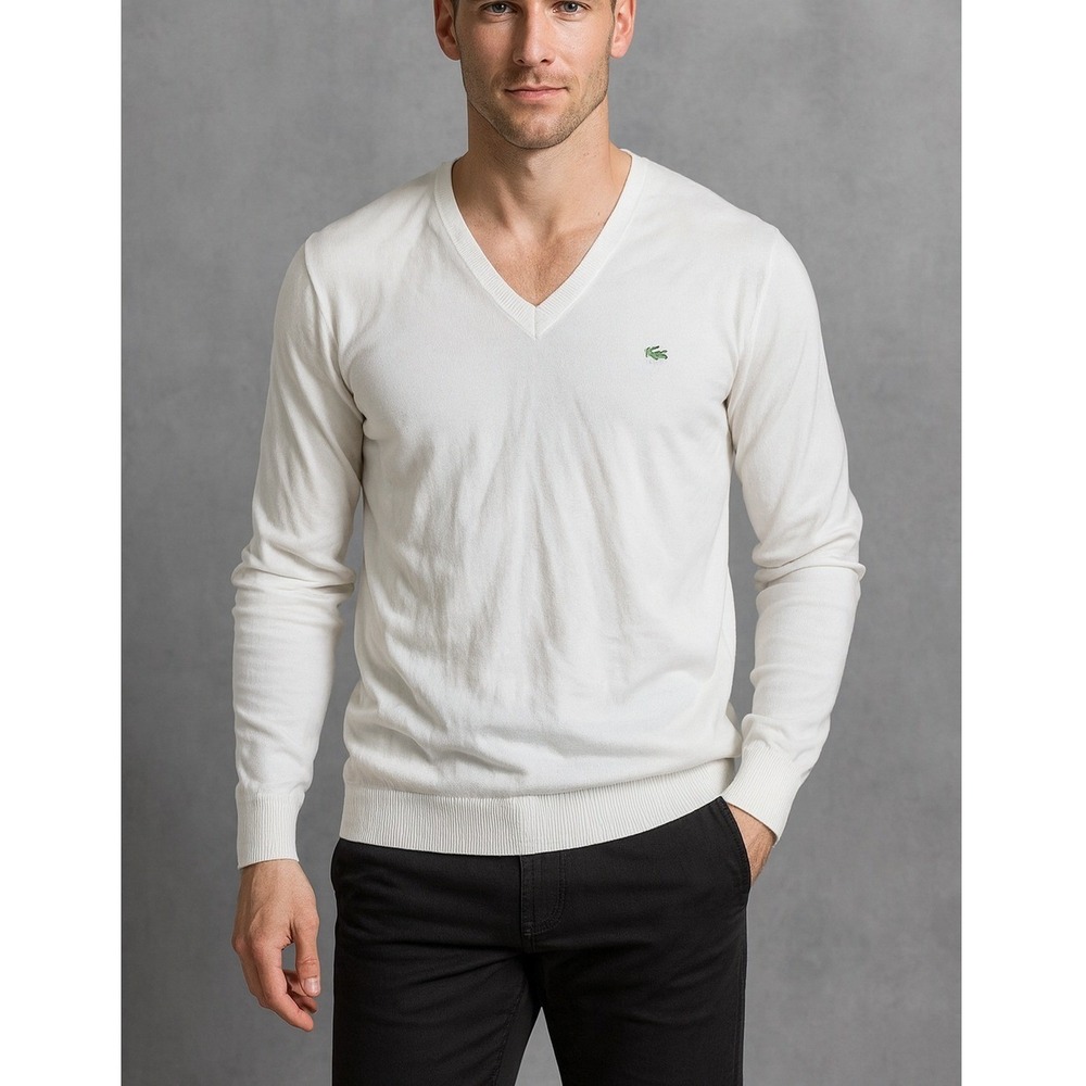 Lacoste‎ Men's White Long Sleeve Cotton V-Neck Pullover Sweater Size 44